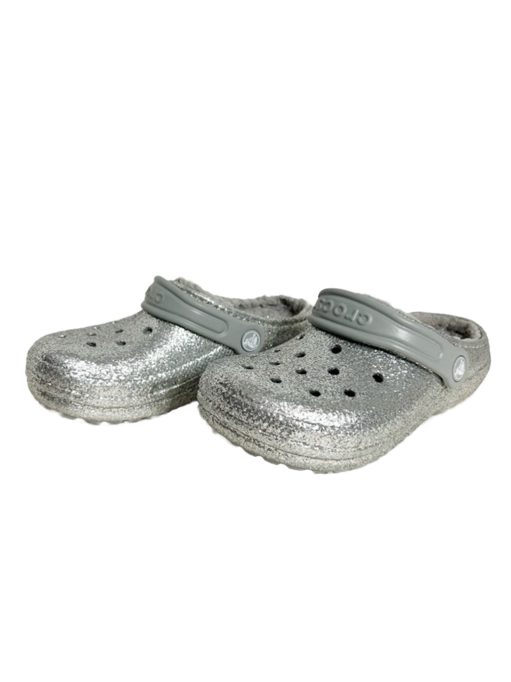 Crocs Classic Glitter Fleece Line Clog Silver/Gray Heel Strap SlipOn Lightweight